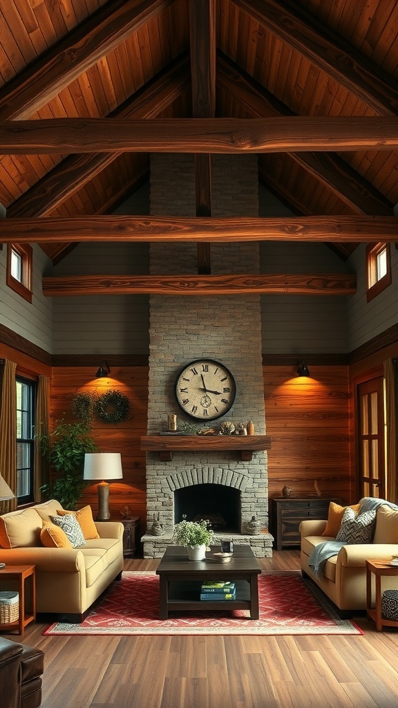 Living room featuring rustic wooden beams, a stone fireplace, and cozy seating