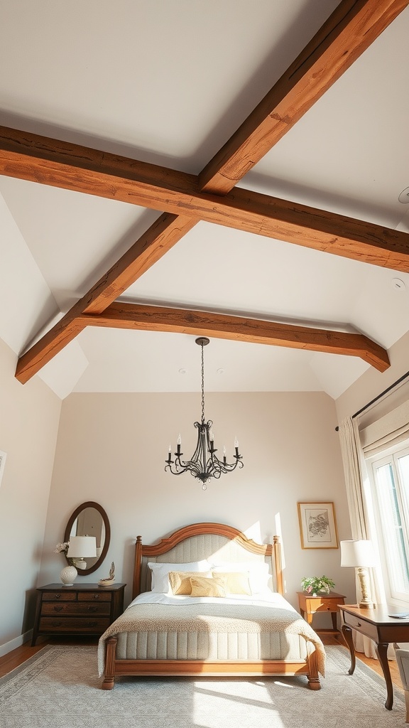 A bedroom featuring rustic wooden beams on the ceiling with a cozy bed and elegant decor