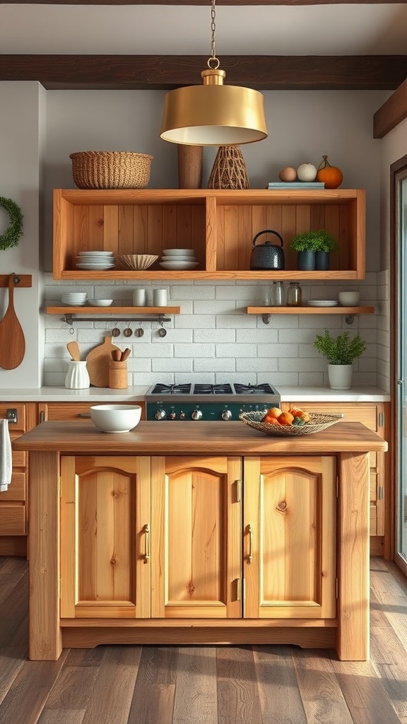 Rustic kitchen island with wooden shelves, featuring a warm wood tone and open storage.