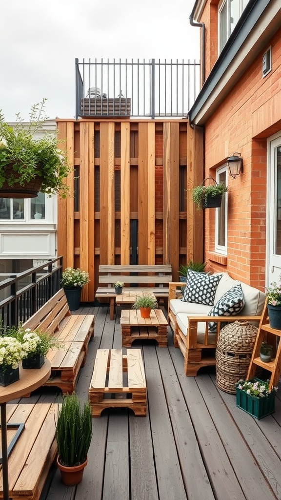 A cozy small balcony featuring rustic wooden pallets as seating and tables, surrounded by greenery.