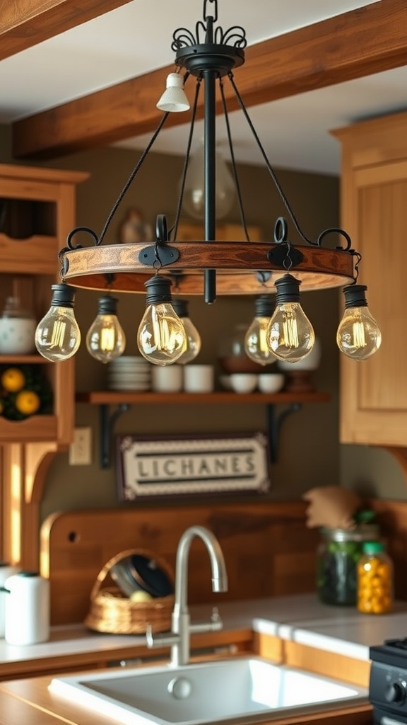 Rustic chandelier above a kitchen sink, featuring wooden and metal elements