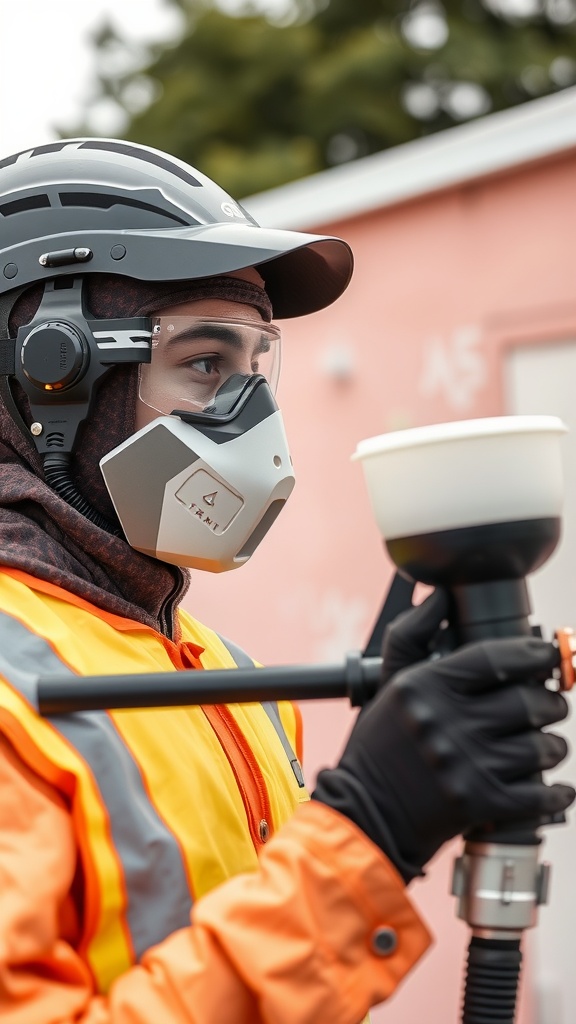 Person wearing safety gear including a helmet and mask, holding a paint sprayer