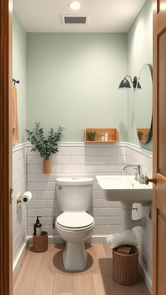 A small bathroom featuring sage green walls, white tiles, and wooden accents.