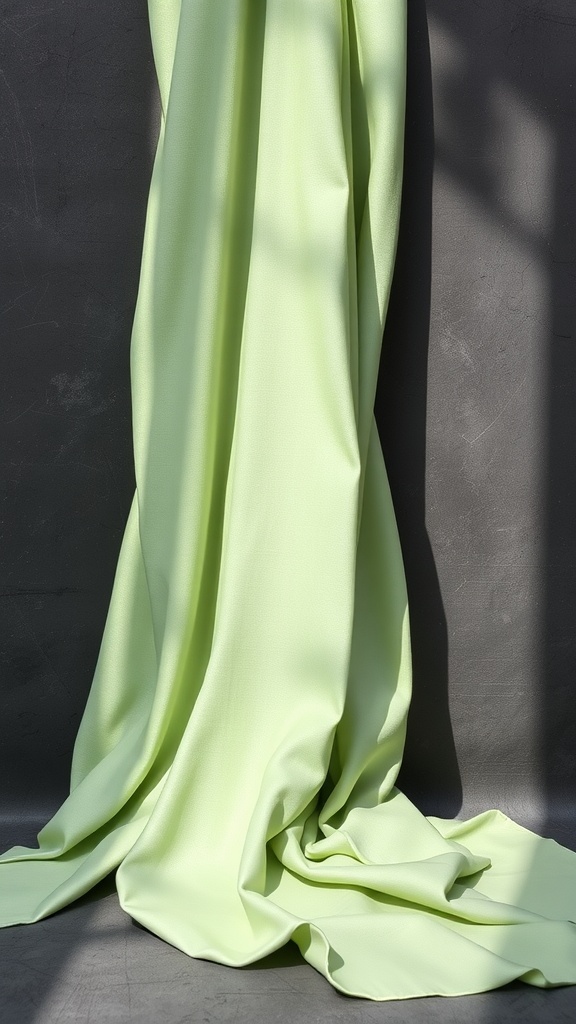 A light green fabric draped elegantly against a dark background, showcasing the contrast between the colors.