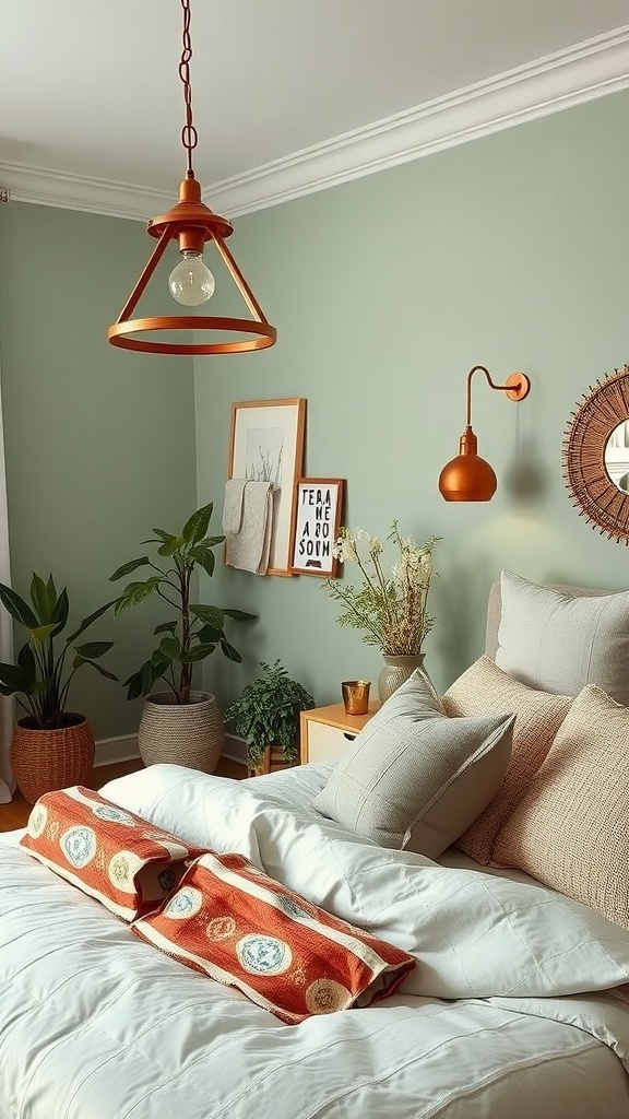 A calming sage green bedroom with copper accents, featuring modern lighting and cozy bedding.