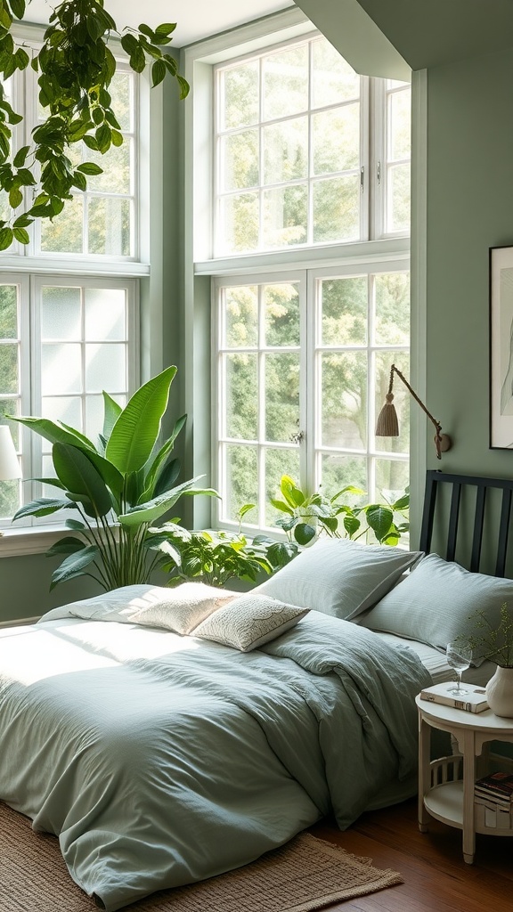 A serene sage green bedroom with large windows and lush greenery, featuring a bed with soft bedding and decorative pillows.