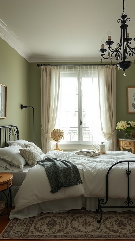 A sage green bedroom featuring an iron bed frame, natural light, and decorative elements.