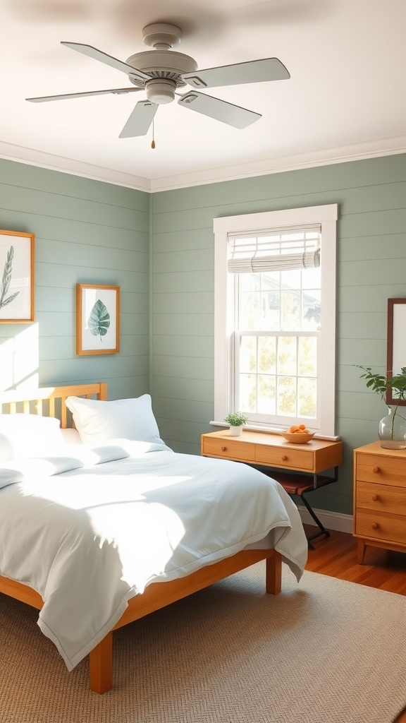 A cozy bedroom featuring sage green shiplap walls, a wooden bed, and natural light.