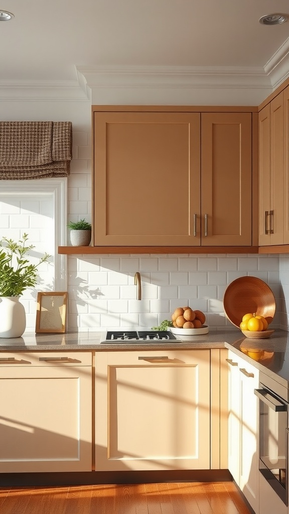 A kitchen with satin-finished cabinets in warm tones, showcasing a cozy and inviting atmosphere.