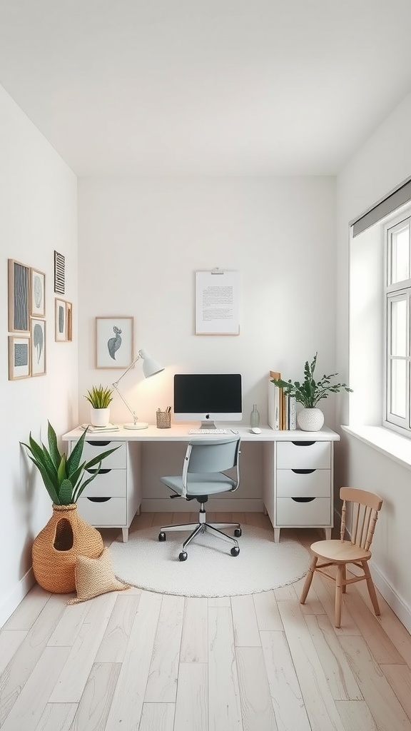 A small Scandinavian-inspired home office setup with a white desk, computer, plants, and minimalist decor.