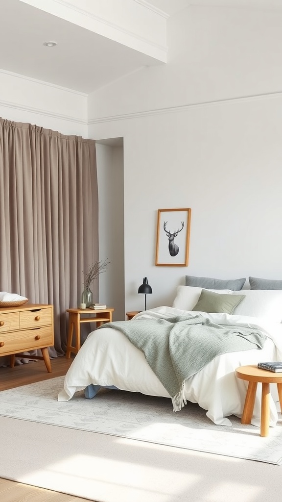 Cozy Scandinavian-style master bedroom featuring natural wood furniture and soft textiles.