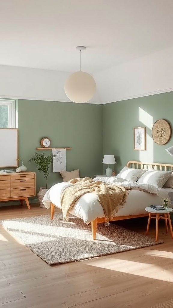 A Scandinavian-style bedroom with sage green walls, natural wood furniture, and cozy bedding.