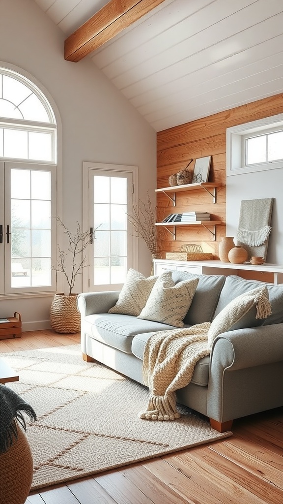 A cozy farmhouse living room with a light blue sofa, wooden beams, and large windows.