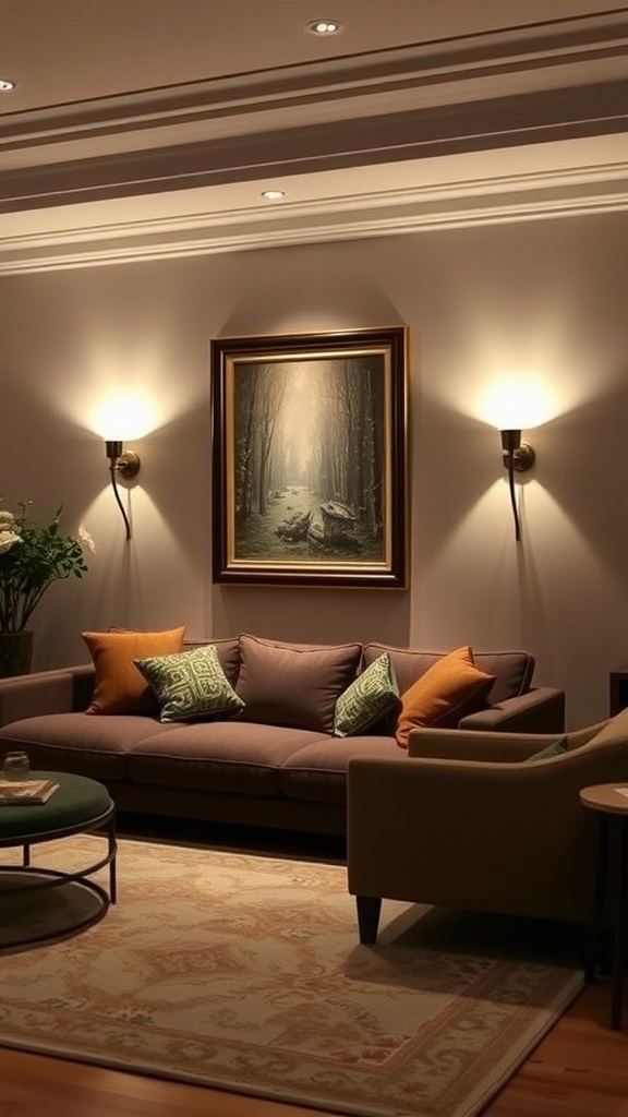 Cozy living room featuring sconce lighting on an accent wall with a framed painting, creating a warm atmosphere.