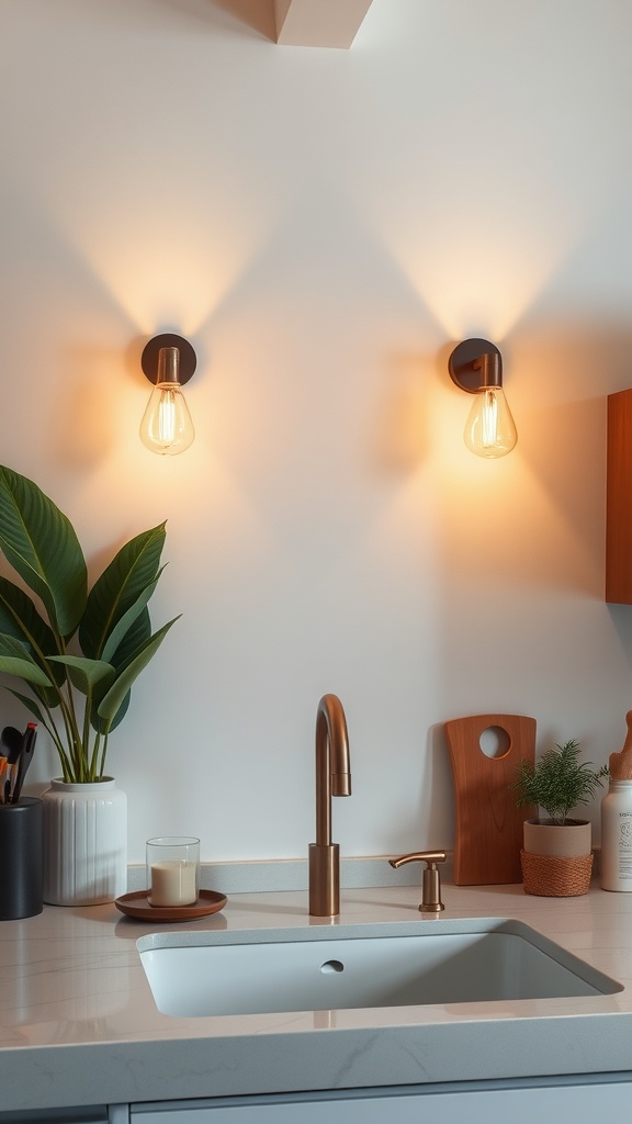 A modern kitchen with wall sconces providing warm ambient lighting above a sink area, showcasing plants and stylish decor.