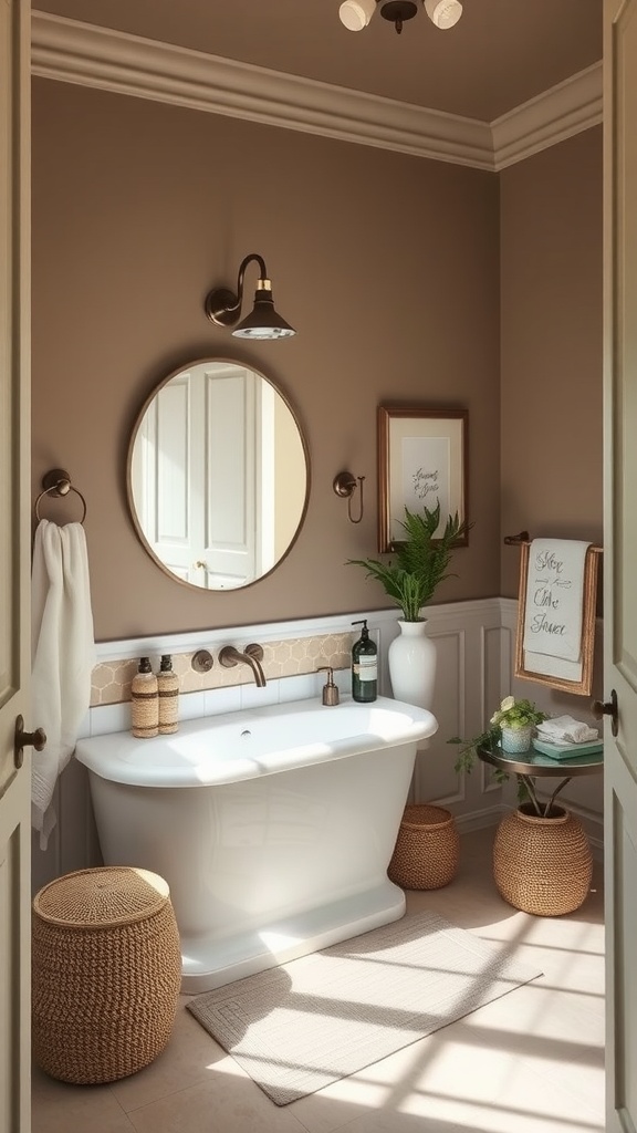A beautifully designed bathroom featuring warm earthy tones, showcasing Sculptor Clay by Behr on the walls.