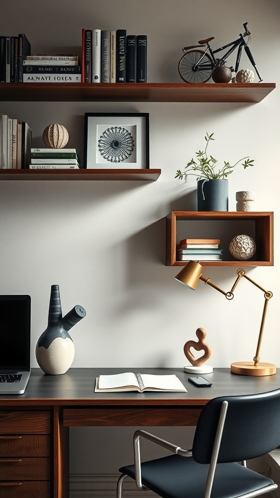A masculine home office with sculptural decor elements including a vase, wooden sculpture, and artistic items on shelves.
