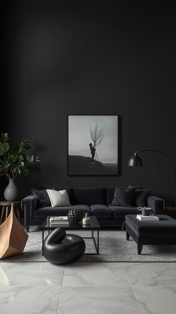 A dark minimalist living room featuring sculptural furniture elements.