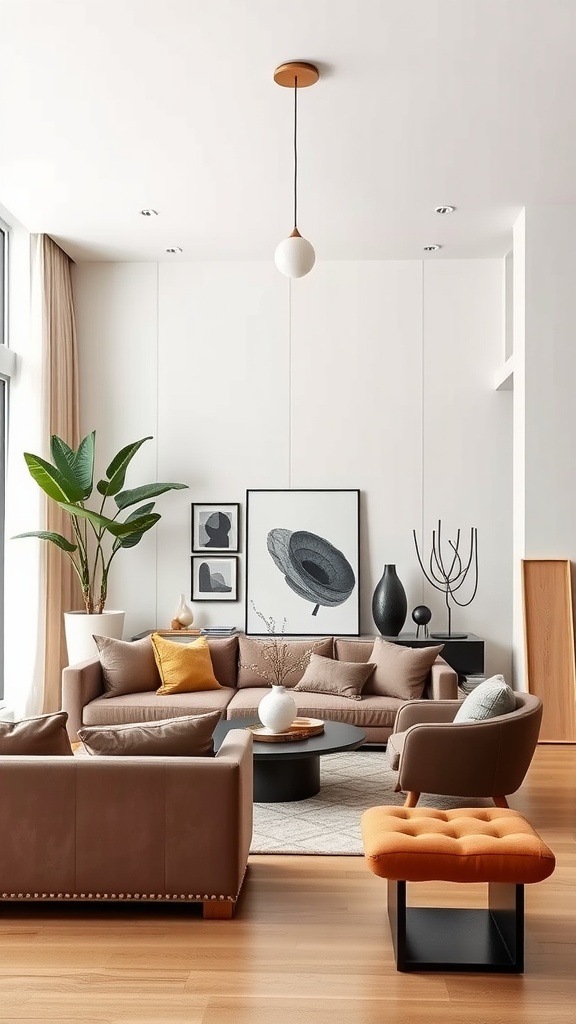 A stylish living room with a sectional sofa, an orange ottoman, framed art on the walls, and a large plant.