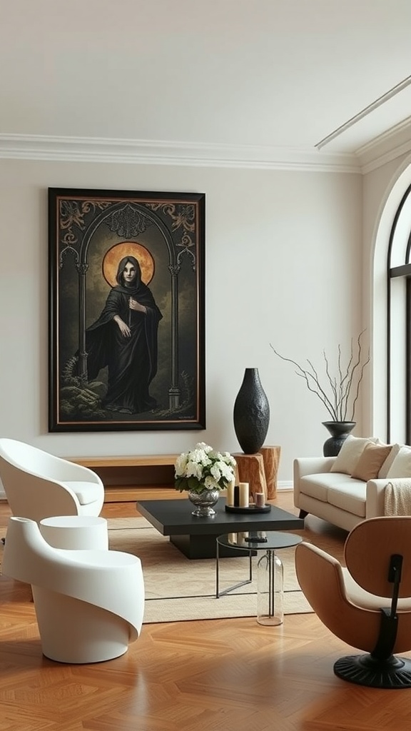 A modern living room featuring sculptural furniture with gothic artwork on the wall.