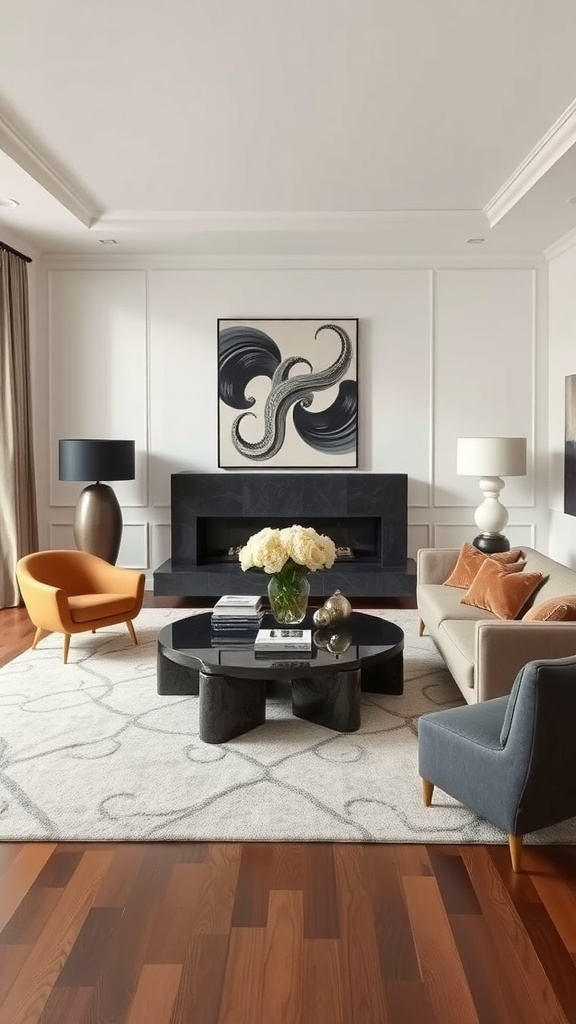 A living room featuring sculptural furniture with Art Deco and contemporary design elements.