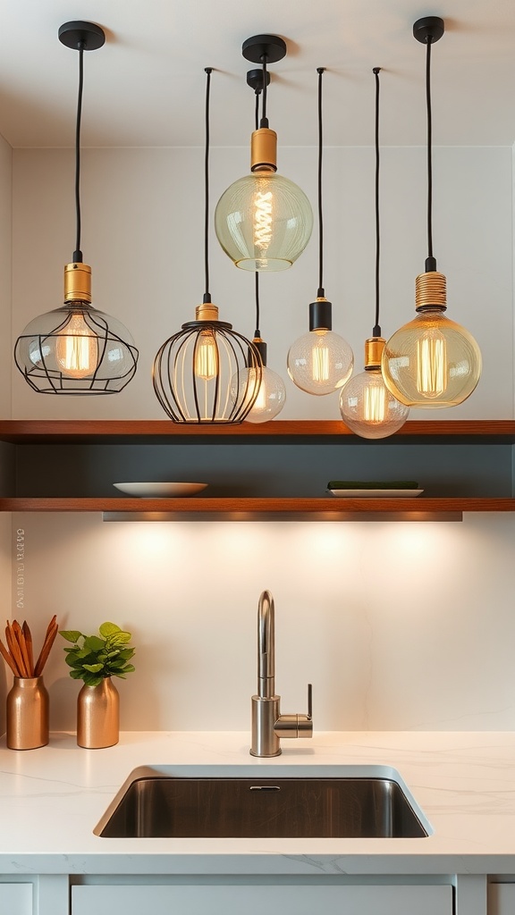 A collection of sculptural pendant lights above a kitchen sink featuring a variety of shapes and materials.