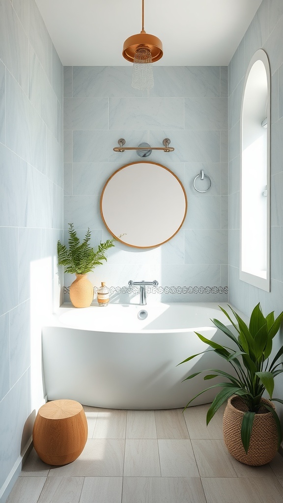 A serene bathroom painted in soft Sea Salt color, featuring natural elements like plants and wooden accents.