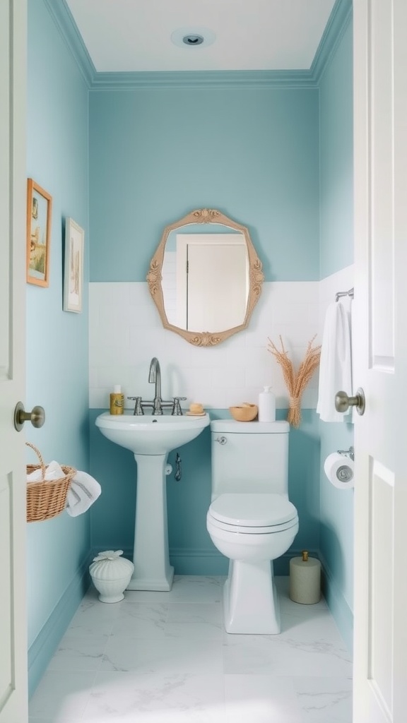 A small bathroom featuring seafoam blue walls, white fixtures, and natural decor elements.