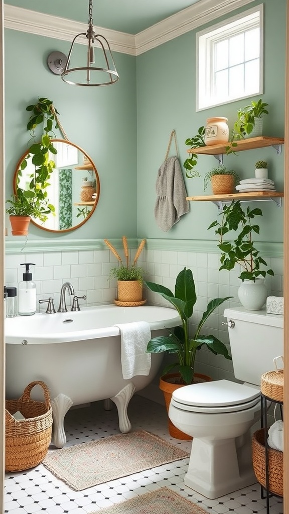 A refreshing bathroom painted in seafoam green with plants, a round mirror, and rustic decor.