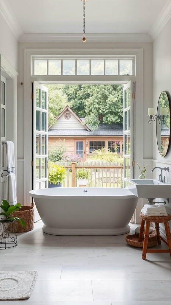 A bright farmhouse bathroom with open doors leading to a garden view