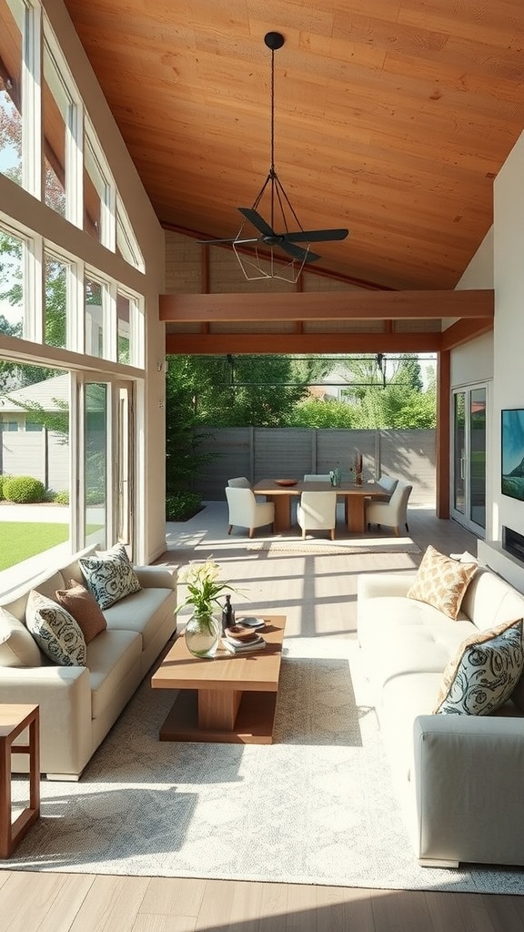 A bright living room featuring large windows with a view of a garden, modern furniture, and an elegant coffee table.