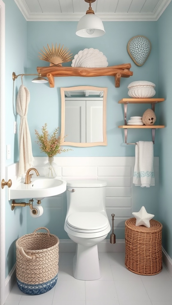 A seaside-inspired bathroom with blue walls, wooden shelf, and decorative shells.