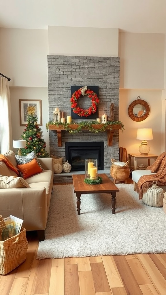 Cozy living room decorated for winter with a wreath, candles, and a small Christmas tree