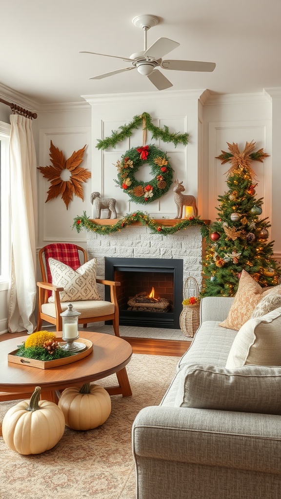 Cozy country farmhouse living room decorated for winter with a fireplace, Christmas tree, and seasonal decor.