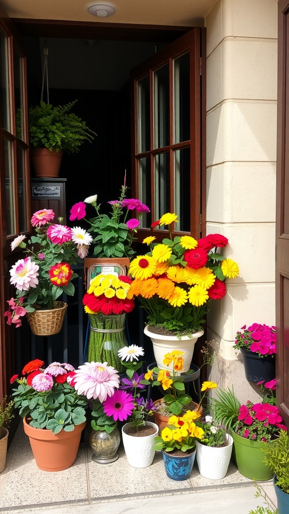 A colorful display of various seasonal flowers arranged in pots and hanging planters at a door entrance.