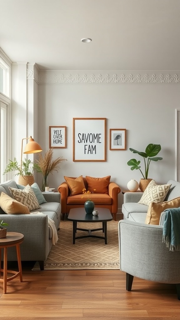 A cozy living room with a circular seating arrangement, featuring plush sofas and an orange armchair, promoting conversation.