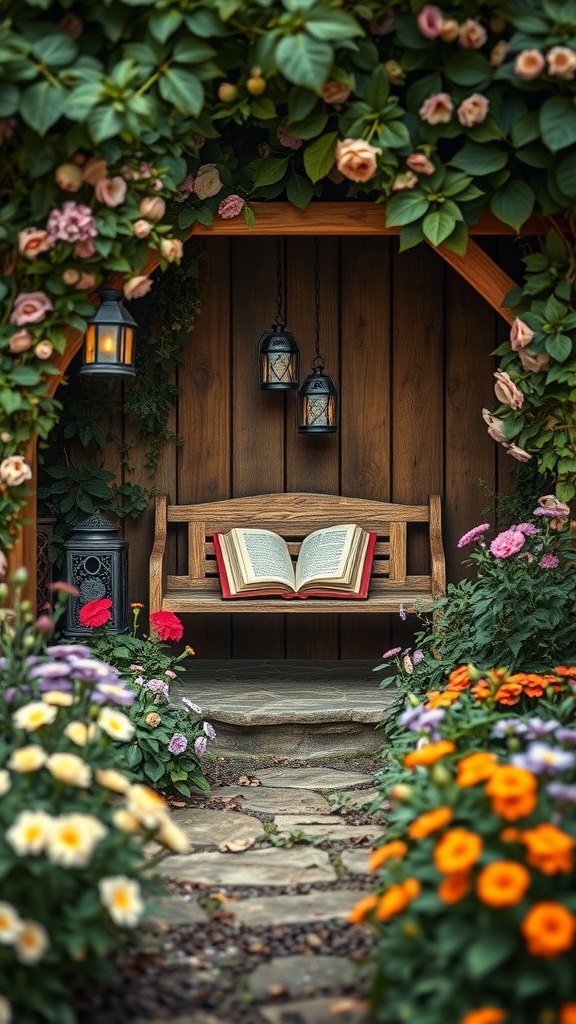 A cozy garden reading nook with a wooden bench, an open book, and colorful flowers.