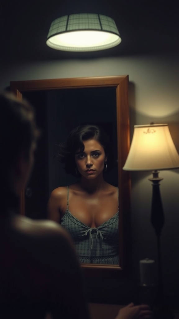 Person looking into a mirror with specific lighting, illustrating the impact of light on appearance.