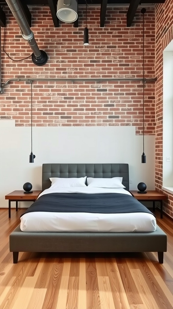 Minimalist industrial bedroom featuring a sleek bed and simple nightstands against a brick wall