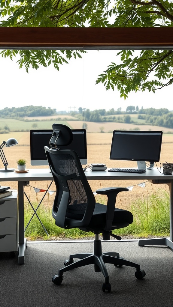 A modern office setup in the English countryside featuring an ergonomic chair and two monitors