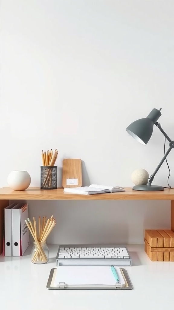 Minimalist home office setup featuring a clean desk with a keyboard, notepad, and decorative items.