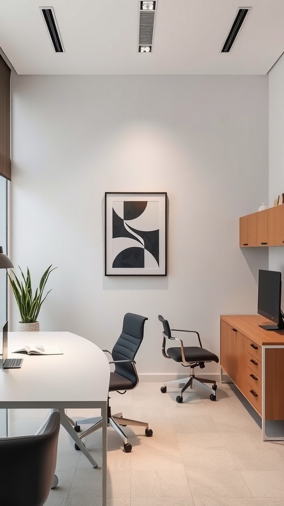A minimalist home office featuring a simple abstract artwork, modern furniture, and a plant.