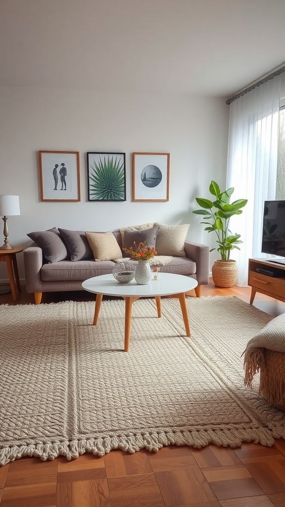 A cozy living room featuring a beige area rug, a grey sofa with cushions, a round coffee table, and framed wall art.