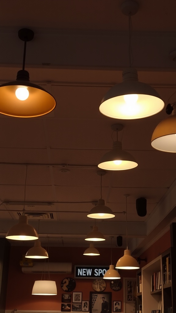 A collection of pendant lights in various colors and styles hanging from the ceiling in a cozy room setting.