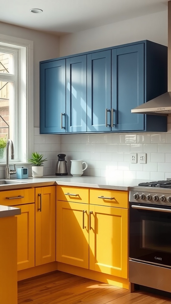 A modern kitchen with blue and yellow cabinets showcasing a semi-gloss finish.