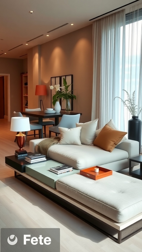 Cozy living room and dining room combo featuring a stylish sofa table that separates the two areas.