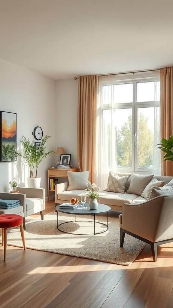 Cozy living room with Mediterranean and Gothic design elements, featuring soft hues and natural light