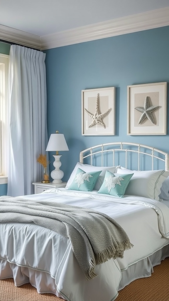 A calming bedroom featuring soft blue walls, white bedding, and coastal-themed artwork.