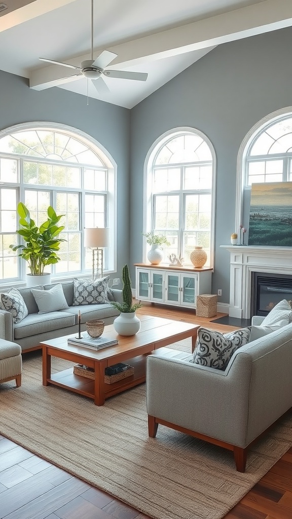A bright living room with blue-gray walls, white furniture, and natural light.
