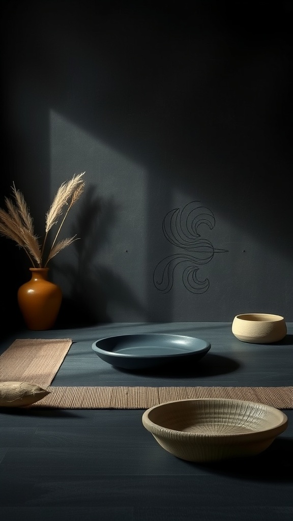 A serene dark bedroom featuring minimalist decor with a terracotta vase, bowls, and natural elements.